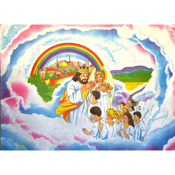 Jesus coroando crianças no Céu - DECORAÇÃO - PAINEL GRANDE 90 CM X 70 CM 