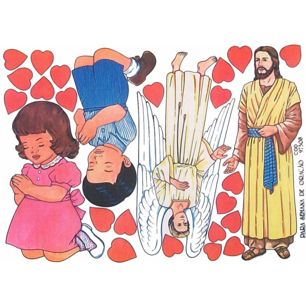 Jesus, anjos, crianças orando e corações